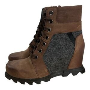 Sorel Joan of Arctic Wedge lll Lexie Brown Leather Boots Size 10 Black Winter